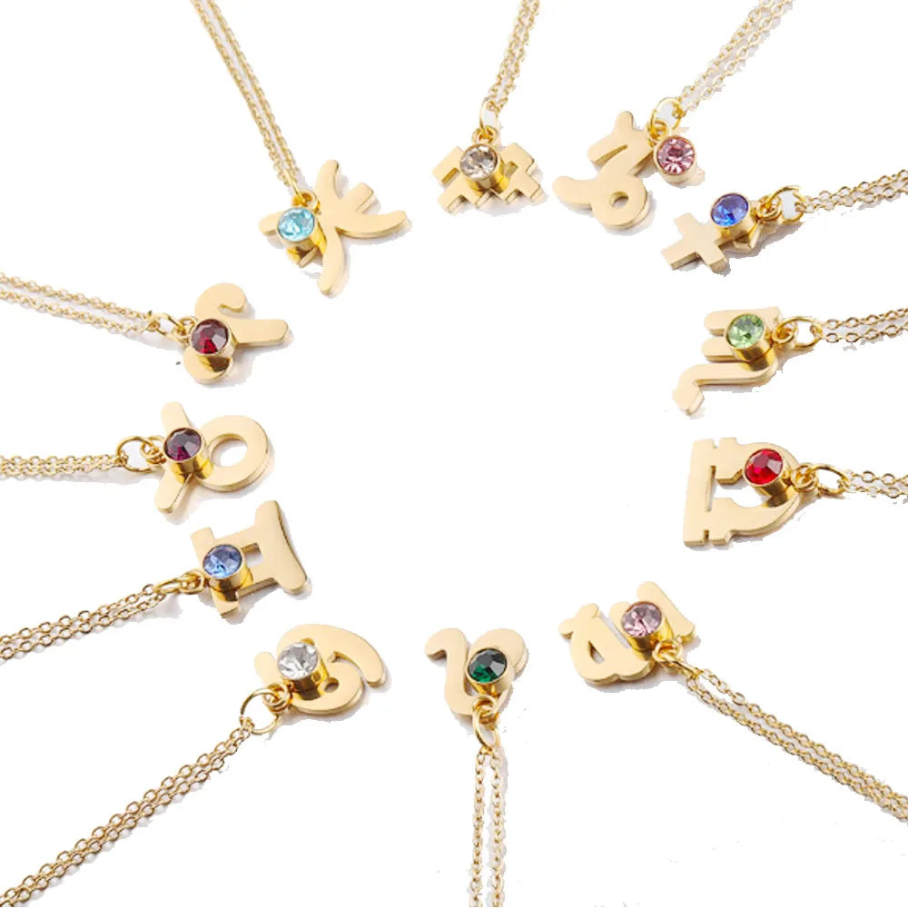Stainless Steel Zodiac Sign Pendant Necklace with Birthstone Necklaces Jewelry for Women