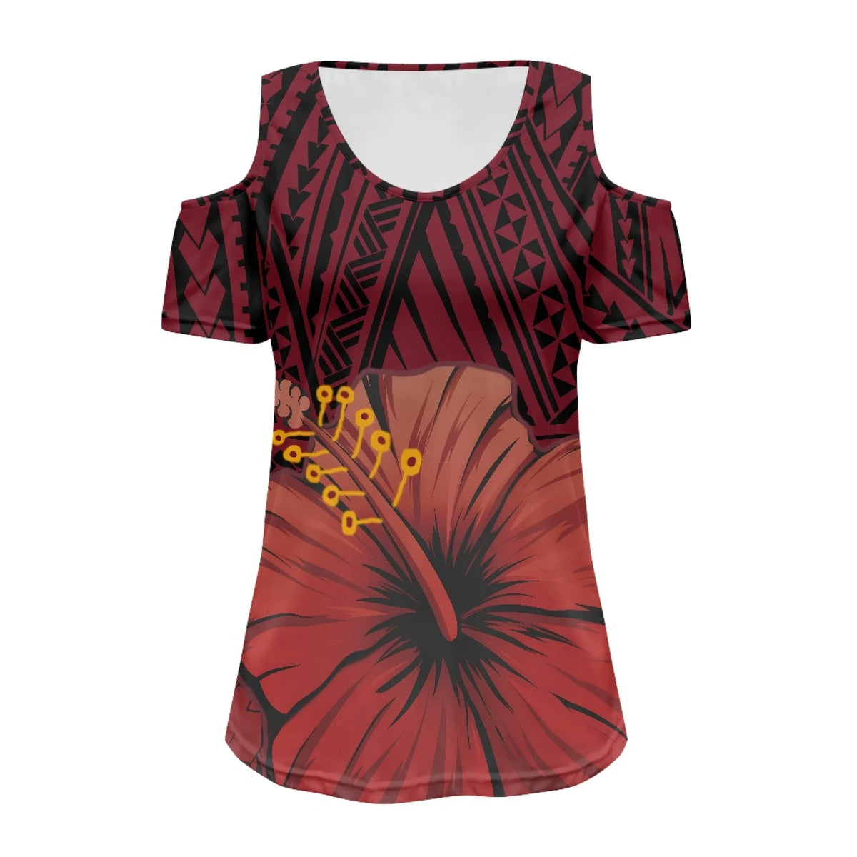 Wholesale Soft Polynesian Tribal with Flower Printed Women's Short Sleeve Cut Out Cold Shoulder Tops Summer Deep V Neck T Shirts MegaBDM