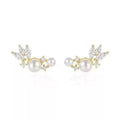 Fashion Jewelry 925 Sterling Silver Marquise Eye Wing Shape Diamond Zircon Pearl Gold Plated Stud Earrings for Women