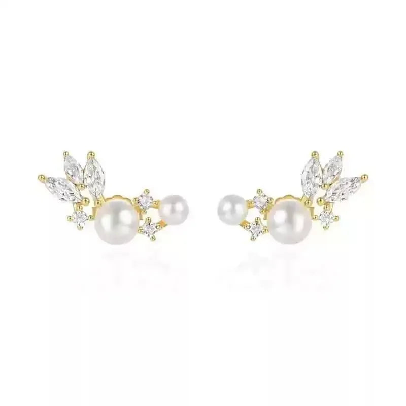 Fashion Jewelry 925 Sterling Silver Marquise Eye Wing Shape Diamond Zircon Pearl Gold Plated Stud Earrings for Women