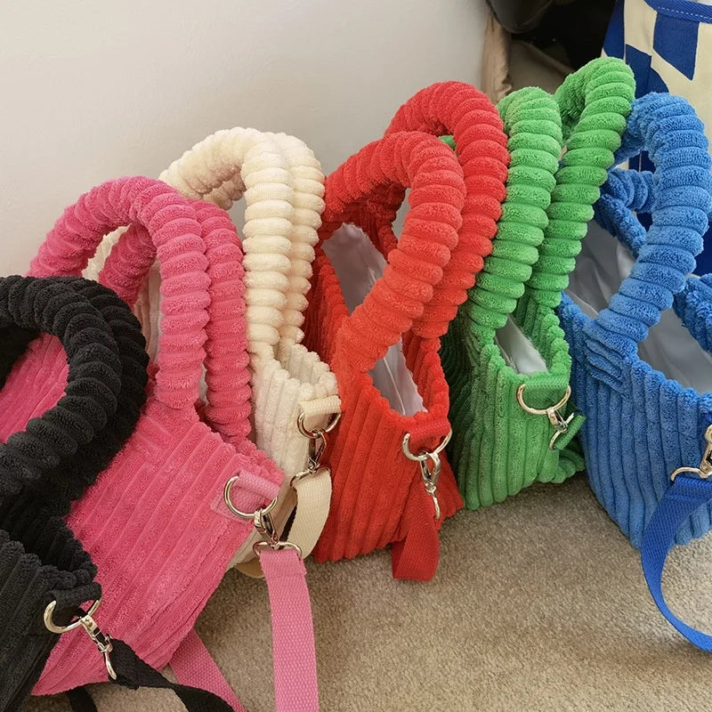 Women's New Cute Solid Tote Shoulder Crossbody Bag Plush Striped Corduroy Handbag Versatile Fashion Accessory for Autumn Winter