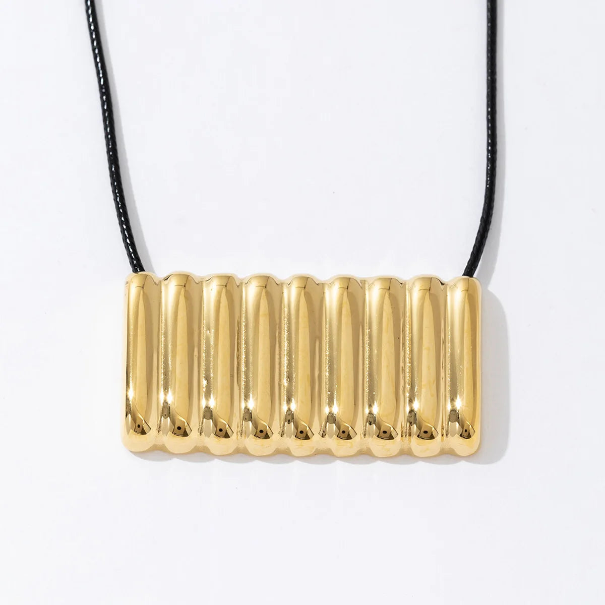 Fashion Statement Tarnish Free Trend Jewelry Long PU Leather Stainless Steel Rectangle Pendant Bib Necklace