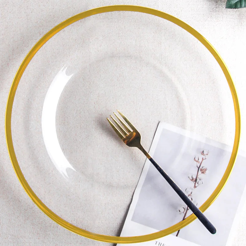 Kaly's European Style Factory Direct Eco-friendly Food-Safe Luxury Sustainable Gold Rim Crystal Clear Charger Glass Plate