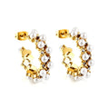 18k Gold Plated Stainless Steel Jewelry Hoop Earrings for Mom Gift Double Pearl and Zircon C-shaped Earrings