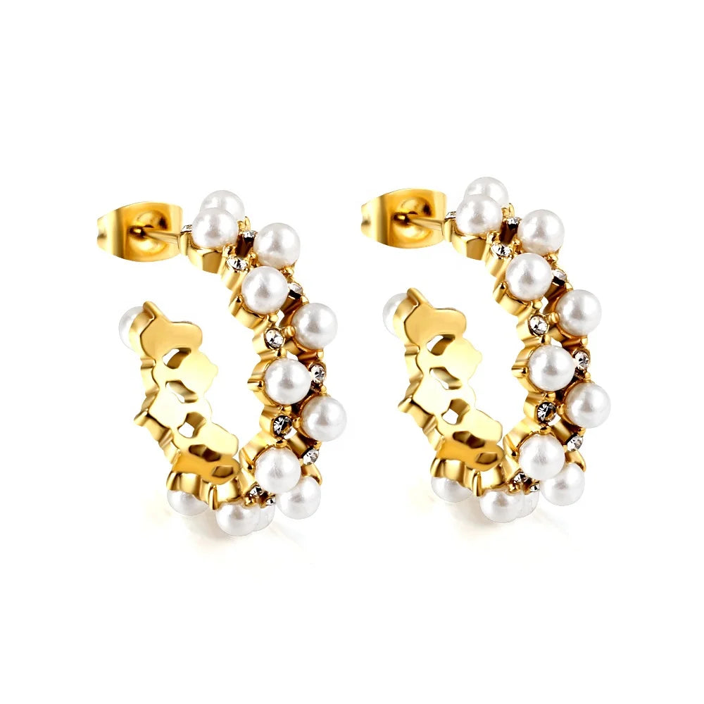 18k Gold Plated Stainless Steel Jewelry Hoop Earrings for Mom Gift Double Pearl and Zircon C-shaped Earrings