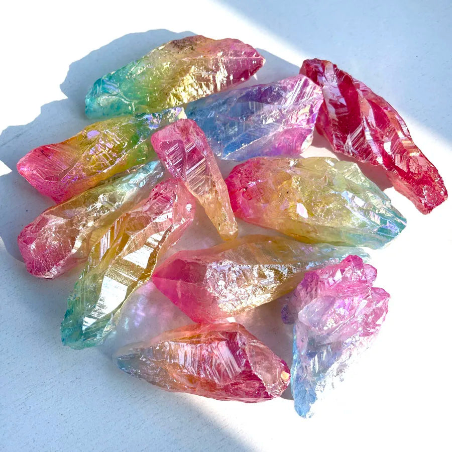 Mixed Natural Electroplated Rough Specimen Rare Rainbow Flame Aura Rough Crystal Quartz Point