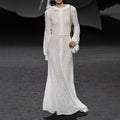 Elegant Lady Style 2023 Autumn Floor-Length Woven Neck Long Sleeve Single Breasted Solid Color Embroidered Casual Dress Natural