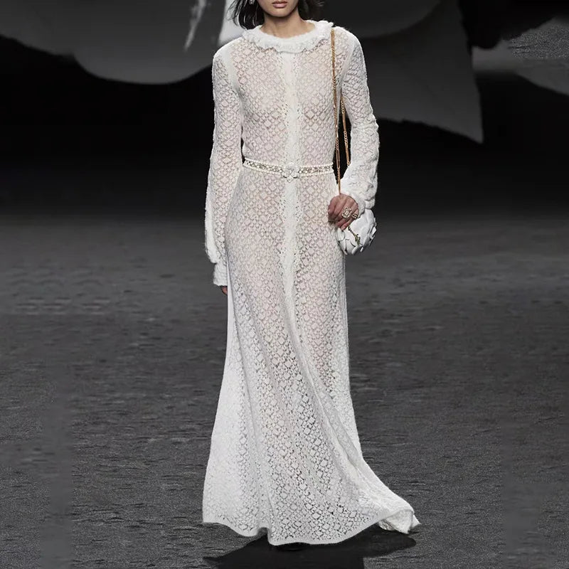 Elegant Lady Style 2023 Autumn Floor-Length Woven Neck Long Sleeve Single Breasted Solid Color Embroidered Casual Dress Natural