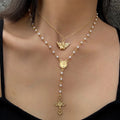 2023 New Arrival Fashion Jewelry Vintage Retro Geometric Necklace Pearl Inspired Y-shaped Long Gold Plated Cross Tassel Necklace