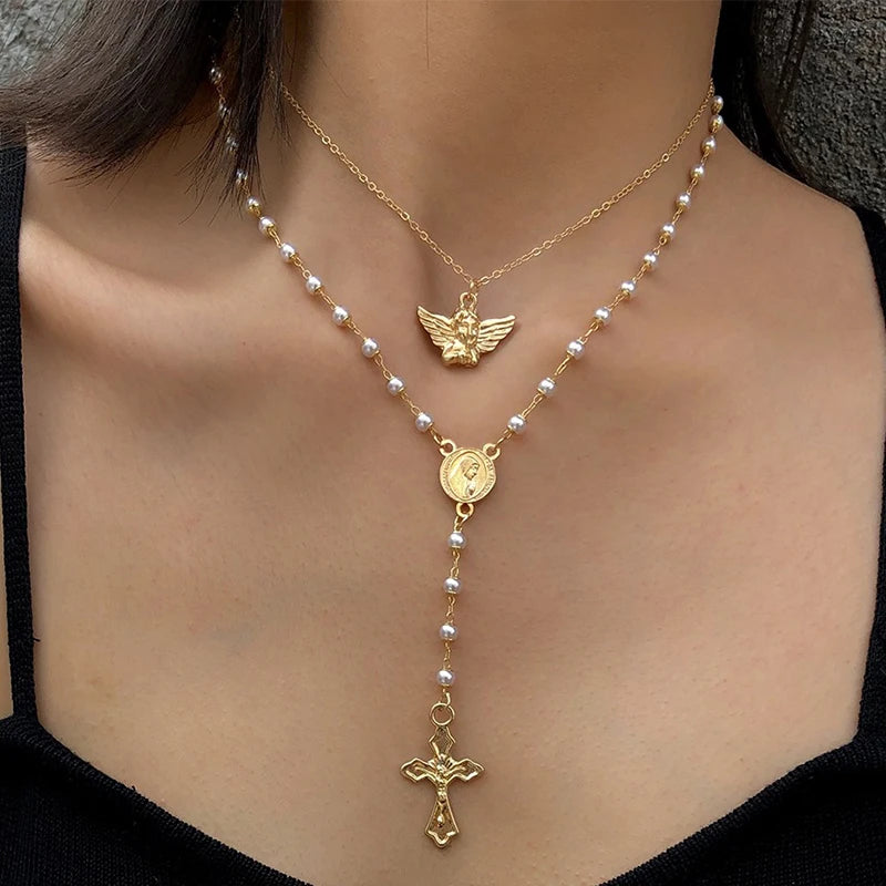 2023 New Arrival Fashion Jewelry Vintage Retro Geometric Necklace Pearl Inspired Y-shaped Long Gold Plated Cross Tassel Necklace