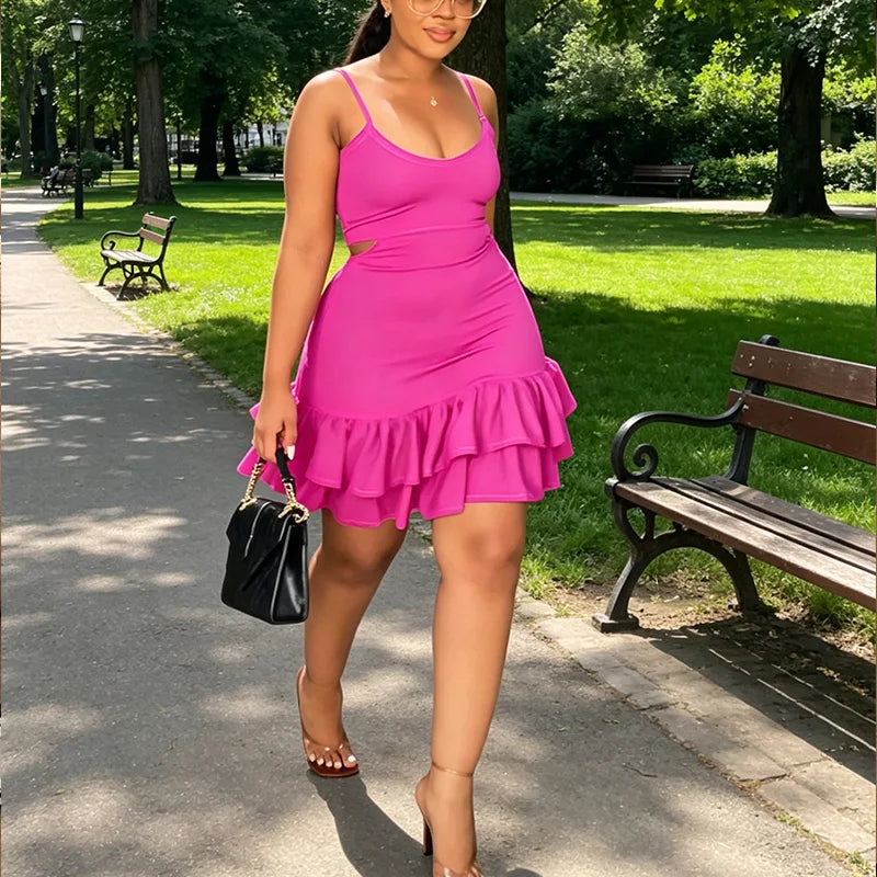 Customized Logo 2025 New Sexy Short Sleeveless Dresses Puffed Strap Mini Ruffled Pleated Dress