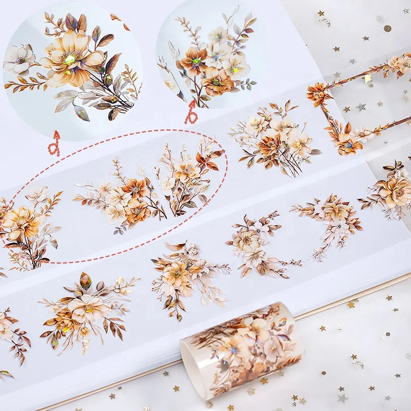 Custom Holographic Foil Tapes Flower PET Tape Sticker Rolls for Junk Journal Supplies Card Making