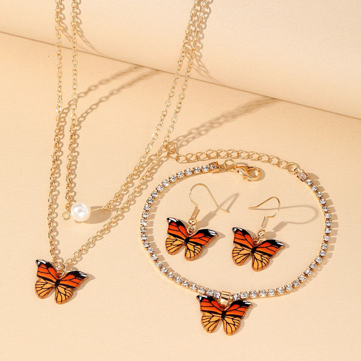 Vintage Rhinestone Butterfly Bracelet Pearl Butterfly Necklace Jewelry Set for Women Jewelry Wholesale