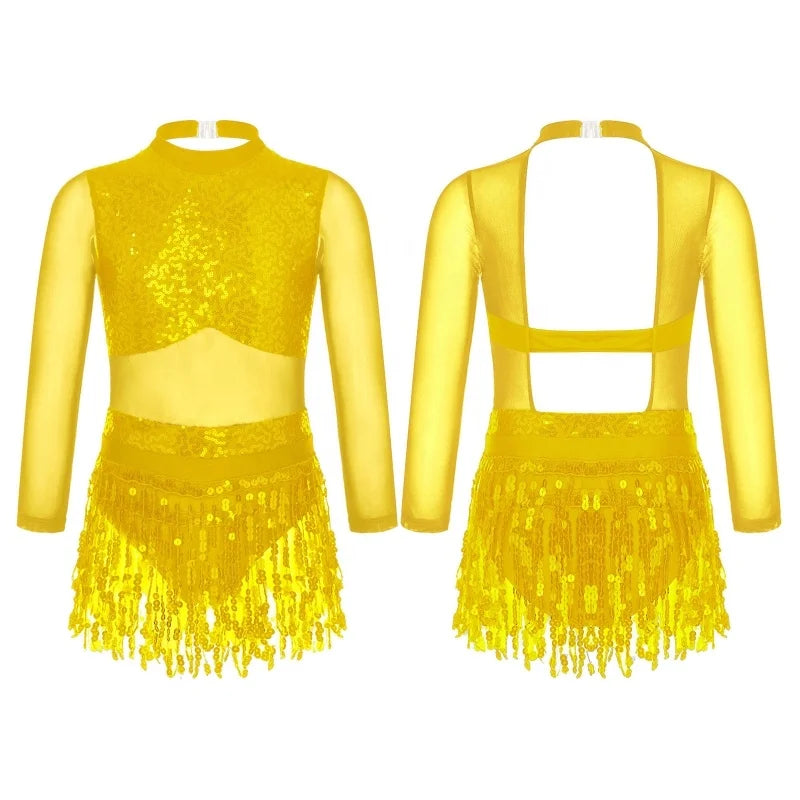 Kids Girls Stylish Clothing Mesh Long Sleeve Round Collar Shiny Sequins Hollow Back Patchwork Style Tassel Dance Dress
