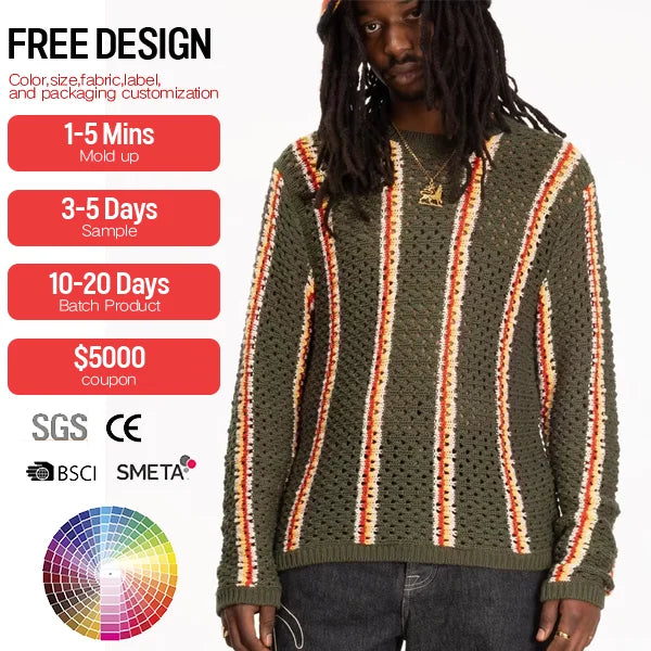 Custom Design logo Summer Beach Men Knitted Crew Neck Long Sleeve T-shirt Mesh Knit Top Crochet Shirt Knitwear