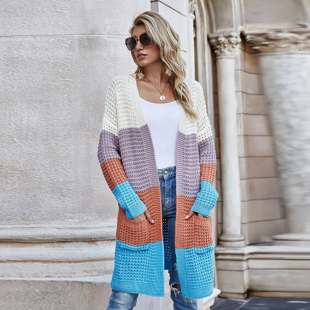 Women's Casual Open Front Long Sleeve Loose Knit Cardigan Sweater Long Coat with Pockets for Autumn