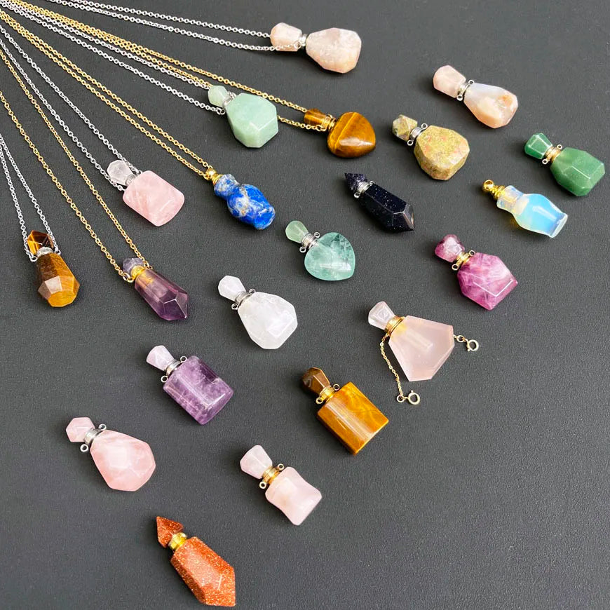 Wholesale Gemstone Essential Oil Perfume Bottle Rose Crystal Fluorite Amethyst Natural Quartz Crystal Perfume Bottle