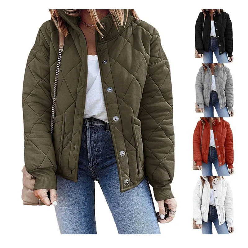 Women's Coats Winter Casual Plaid Pattern Long Sleeve and Stand Collar Button Closure Pocket Breathable Jacket