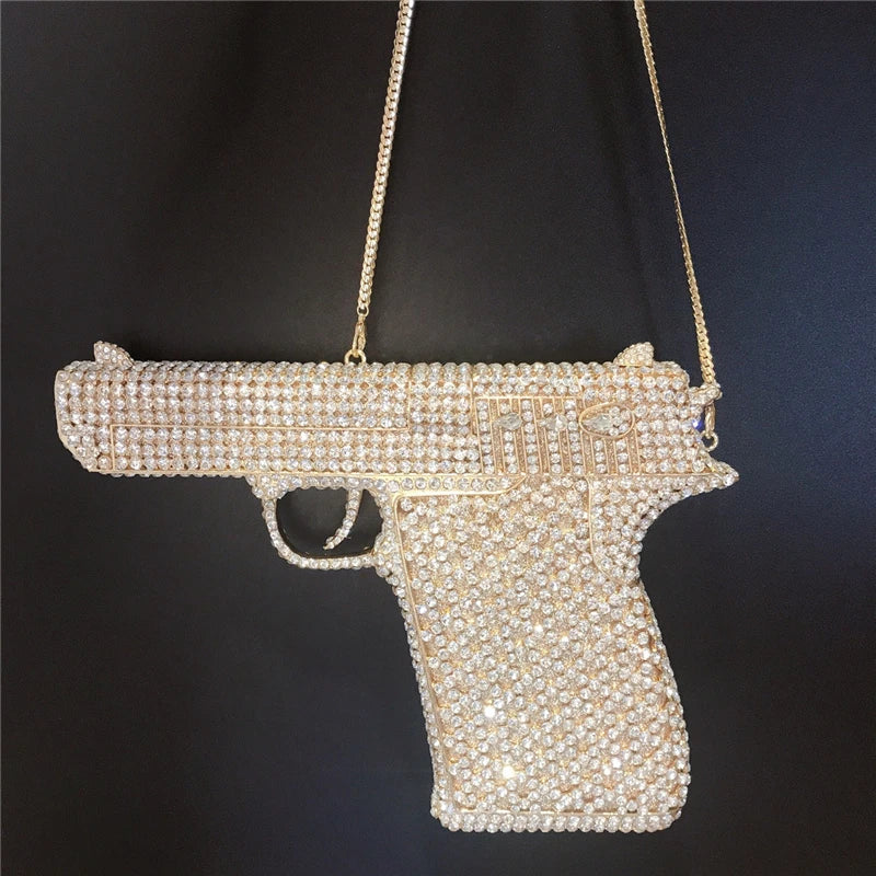 Custom Retail Wholesale Crystal Diamond Gun Evening Bag Handbag Bling Rhinestone Gun Shaped Purse