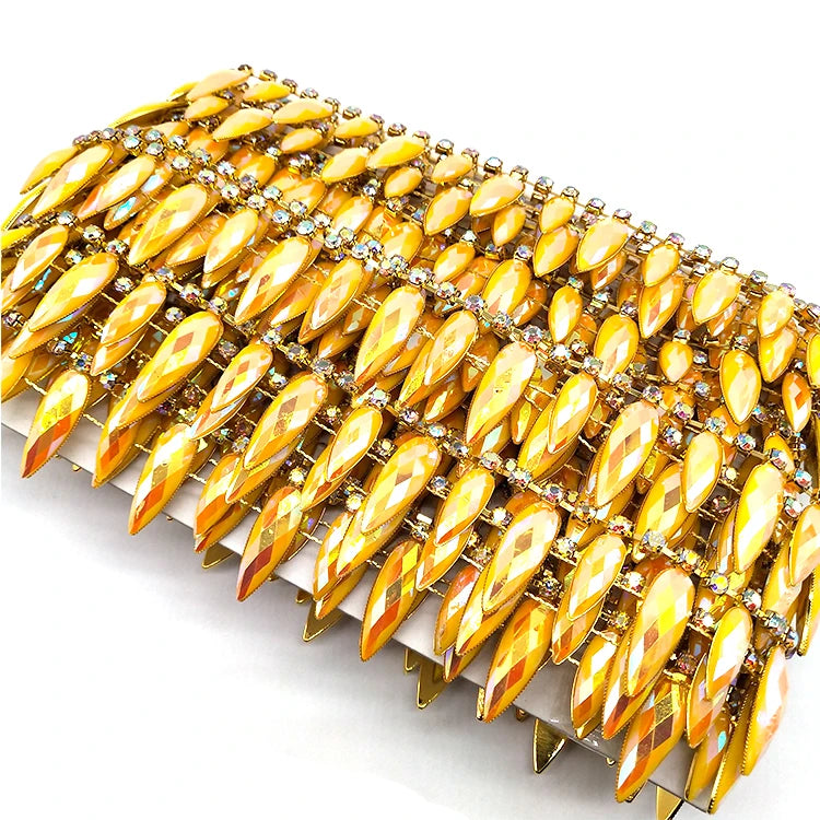 Fancy Drops Fringe Trim Sparkling Yellow AB Resin Crystal AB Rhinestone Chain Trimming for Carnival Costume Jewelry Accessories