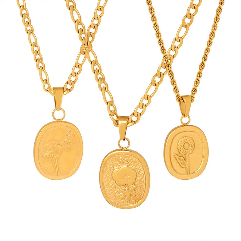 Ins Fashon Multi Design Flowers Oval Pendant Necklace Titanium Steel 18K Gold Plated Clavicle Chain for Ladies Jewelry 2024