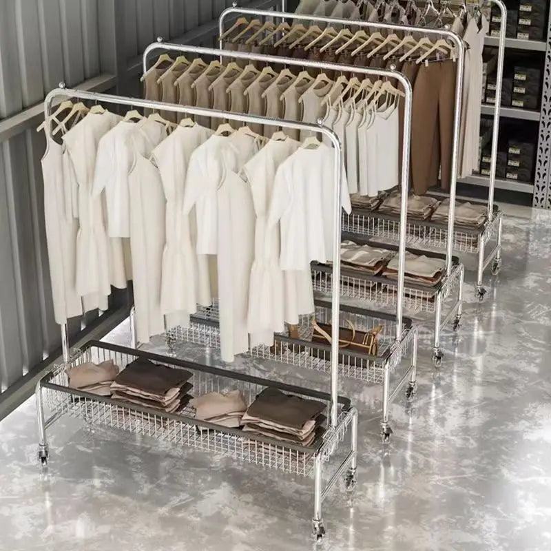 Metal Clothes Hanger Rolling Cart Coat Rack Double Pole Hat Rack Storage Clothing Drying Racks Standing Trolley