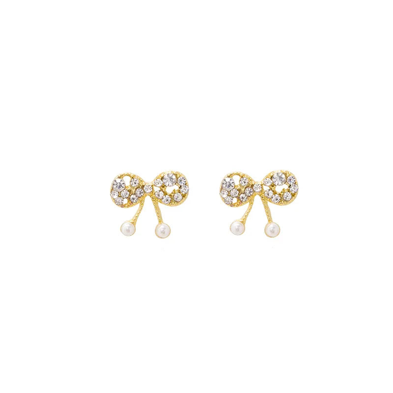 Wholesale 2025 Korean Fashion Small Luxury Pearl Rhinestone Bow Earrings Jewelry for Women