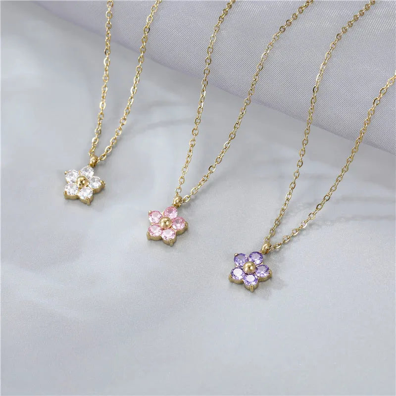 New Design 18K Gold Plated Stainless Steel Flower CZ Cute Pendant Choker Necklace for Women Girl Gift B-516