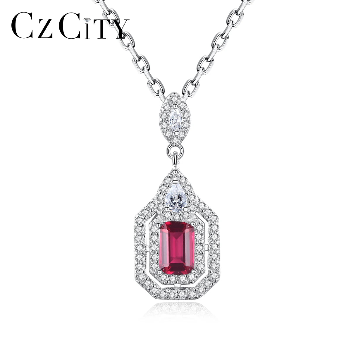 TEEMI Factory 925 Sterling Silver Necklace Emerald Cut Ruby Stone Pave Set Clear Cubic Zircon Pear Pendant Link Chain Jewelry