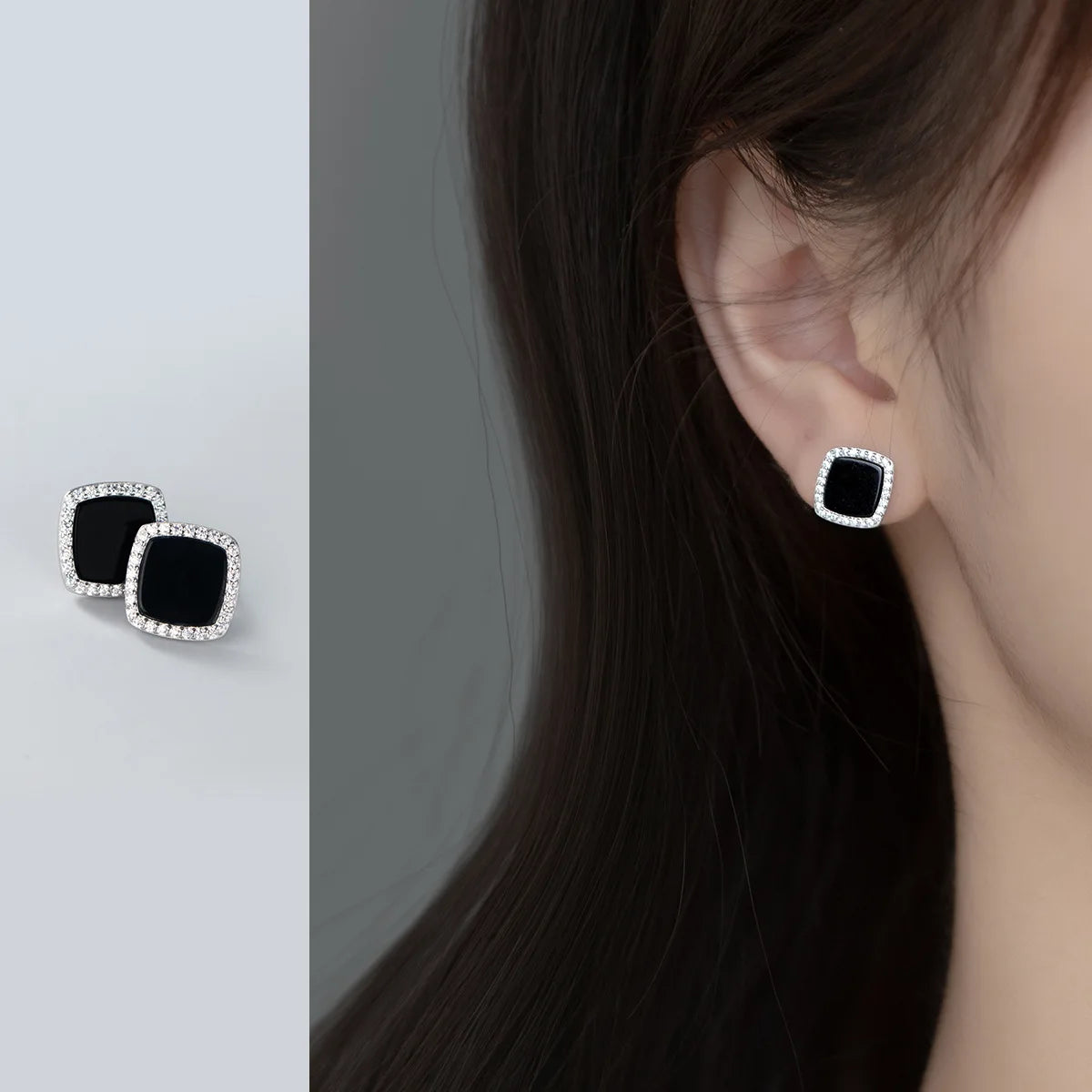 New Design S925 Sterling Silver CZ Pave Black Square Stud Earrings Silver Jewelry for Women M01176