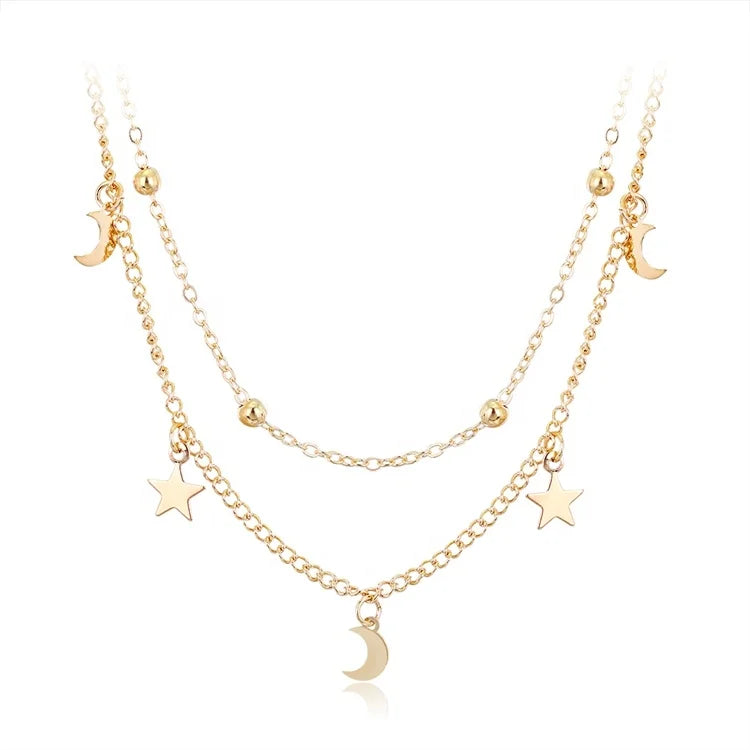 2025 New Fashion Necklace High Quality Alloy Double Layered Necklace Moon Star Pendant Necklace for Women Jewelry