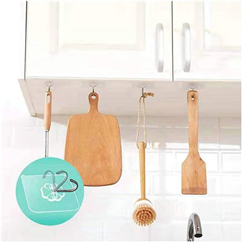 12/24 Pack Transparent Self-Adhesive Wall Hooks PVC Waterproof and Seamless Strong Nail-Free Sticky Hangers for Kitchen Use