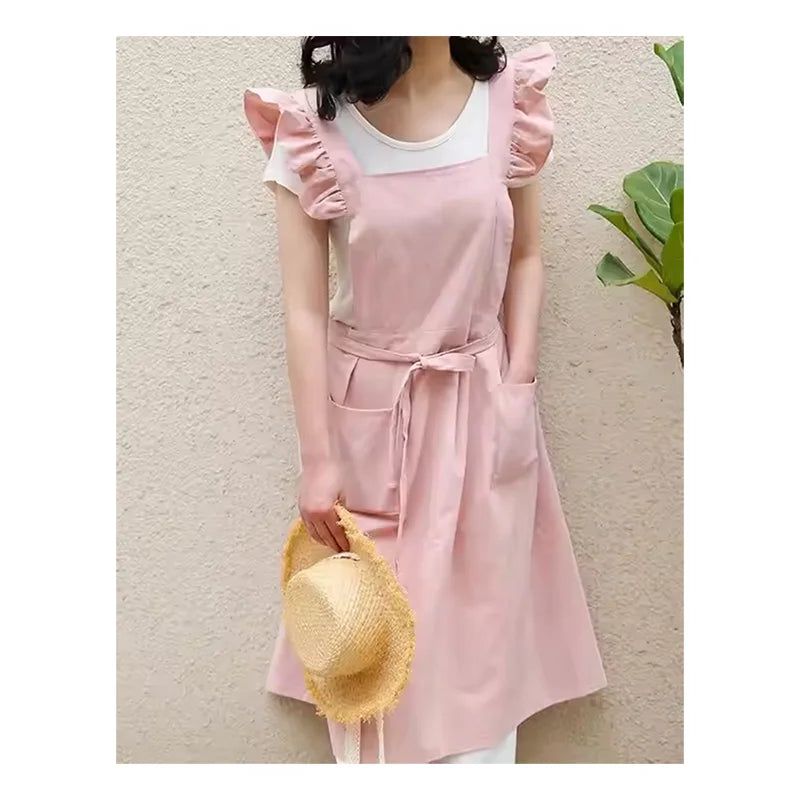 Korean Stylish Ruffled Cap Cotton-Linen Sleeveless Personalised Cross Back Custom Logo Apron with Large Pockets