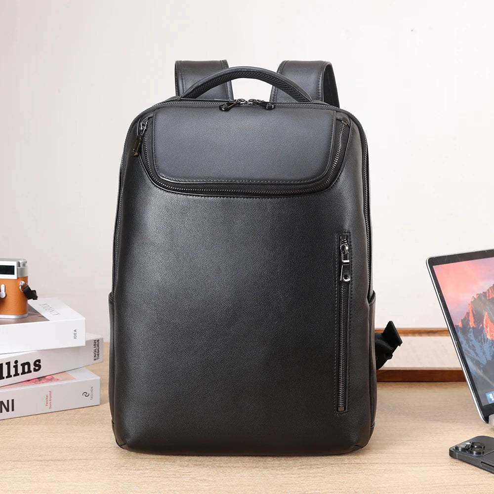 Factory Custom Logo Travelling Large Capacity Black Full Grain Leather Backpack Genuine Leather Laptop Backpack Bags for Men