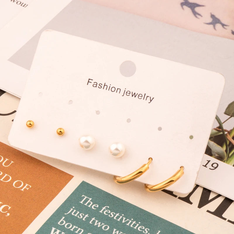 G3907 Wholesale Stainless Steel Earrings Sets Gold Ball Pearl Studs Earrings Hoops Fashion Jewelry for Women
