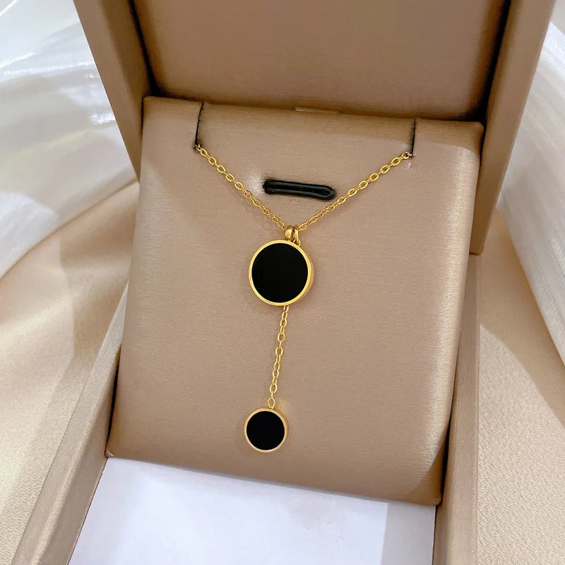 Fashion 18K Gold Plated Stainless Steel Chain Double Round Circle Pendant Necklace for Women Girls Gifts Jewelry
