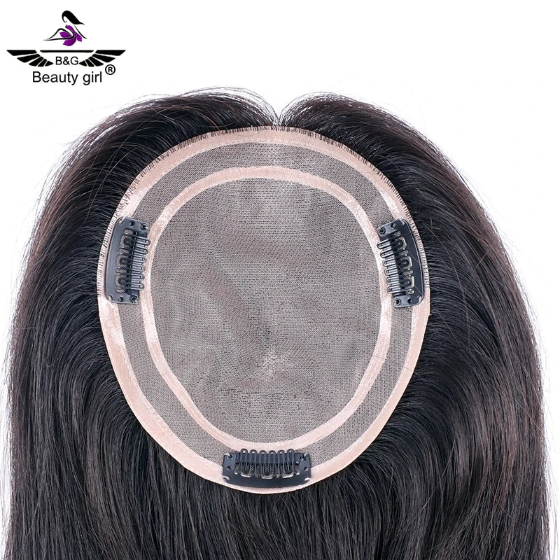Clip on Hair Extensions Hand Made Double Mono Base Topper 150% Light Density Human Hair Toupee Clipper for Womens