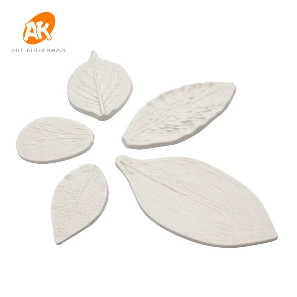 AK 5pcs Sugarpaste Leaves Flower Silicone Veining Molds Veiner Fondant Floral Making Tools Set for Decorating Cakes Art Tools