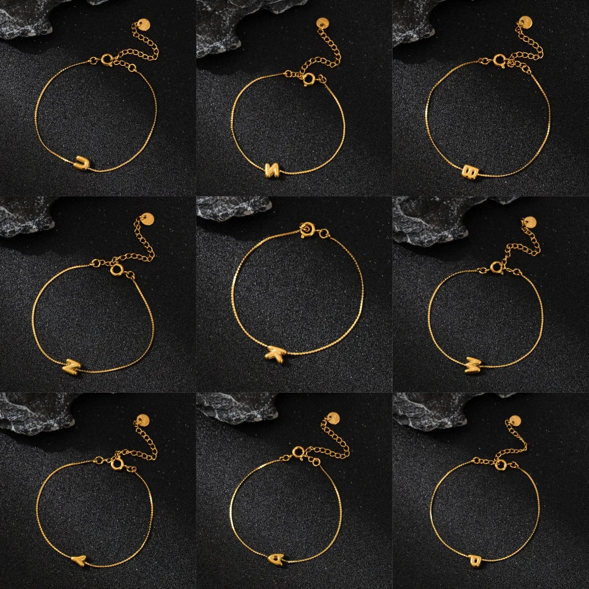 Factory Price Cheap Wholesale Tarnish Free Waterproof Stainless Steel Cute Small Alphabet 26 A-Z Bubble Letter Bracelet