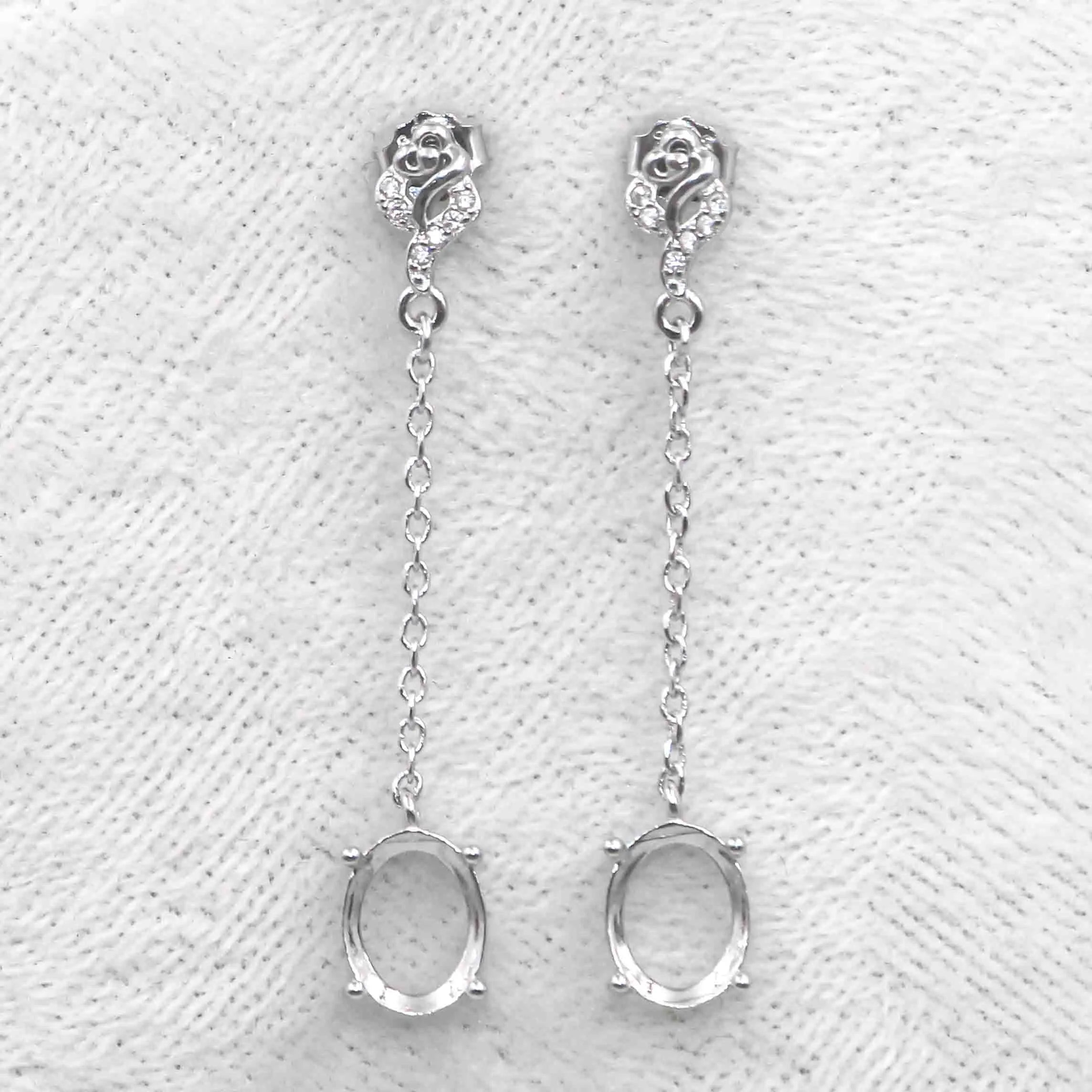 Sterling Silver 7*9mm Semi Mount Line Earrings Empty Support Blank Claws Setting S925 Base Without Center Stone for DIY Inlay