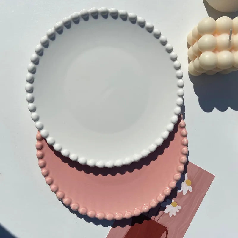 Solhui 8" Round Beaded Porcelain Plates and Dishes for Cake Dessert in White & Pink
