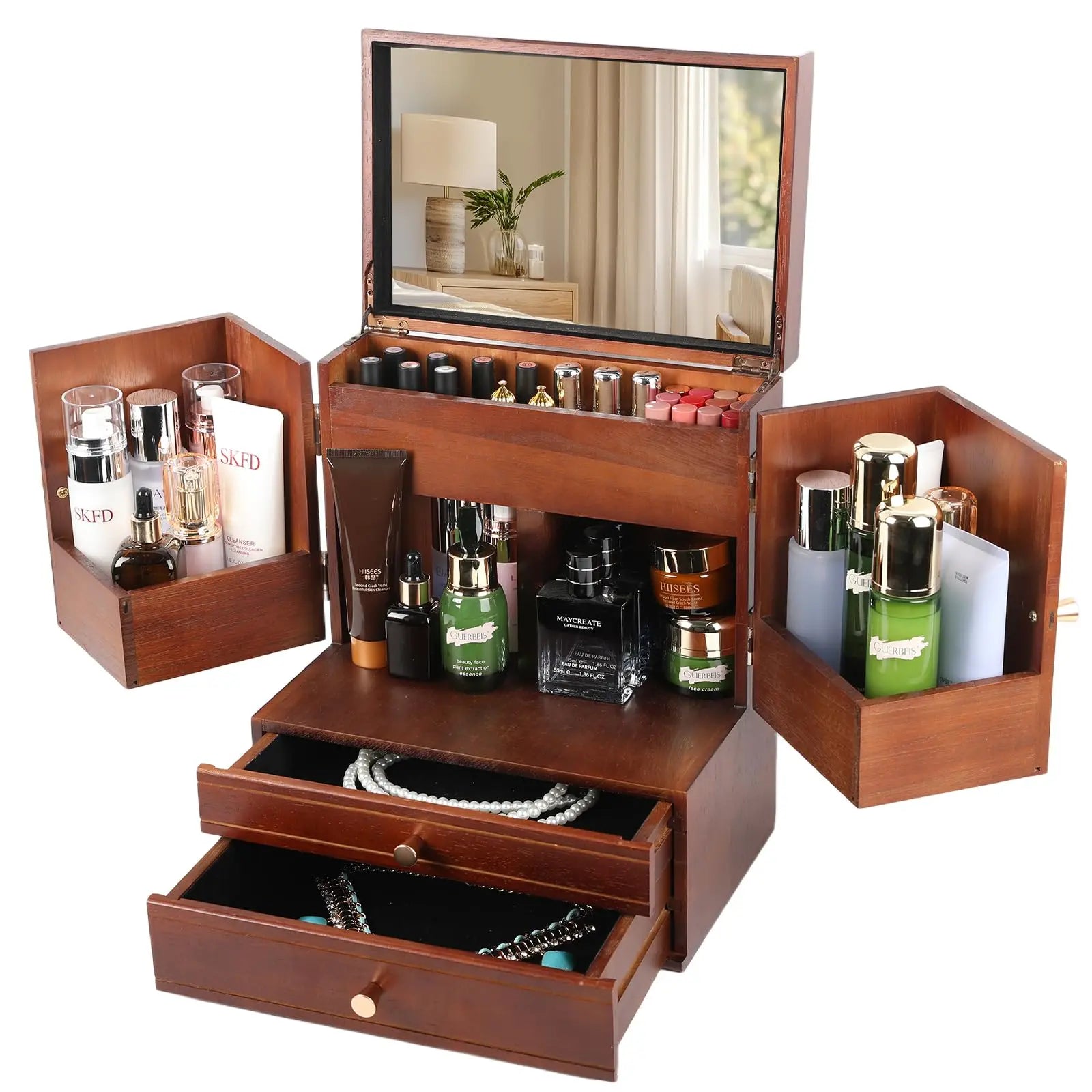 Wooden Countertop Makeup Organizer Skin Care and Cosmetic Display Cases Vanity Dresser Storage Countertop Makeup Organizers