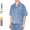 Custom Drop Shoulder Boxy Short Sleeve Button up Camp Collar Casual Cotton Washed Cropped Jean Denim Shirt for Men