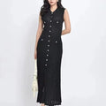 Trendy Crew Neck Spring Casual Knitted Lady Button up Sleeveless Elegant Slim French Midi Casual Dress