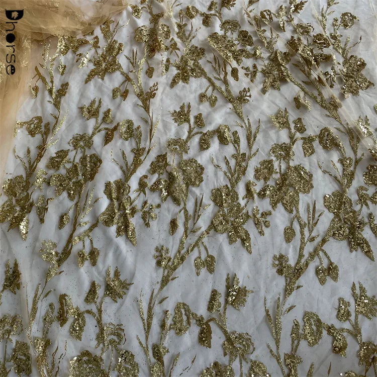 Hot Selling Fancy Eco-Friendly Gold Tulle Net Sequins Glitter Embroidery French Lace Fabric for Evening Dress