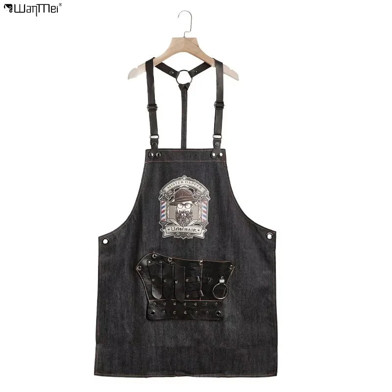 Wanmei Black Denim Apron New Style Barber Work Clothes Printing Pattern Fashion Simple Men and Women Hairdressing Supplies