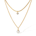 QUSEDINY Double-Layer Stainless Steel Link Chain Necklace Trendy Collarbone Pearl Zircon Pendant Ball Shape Beads for Commuting