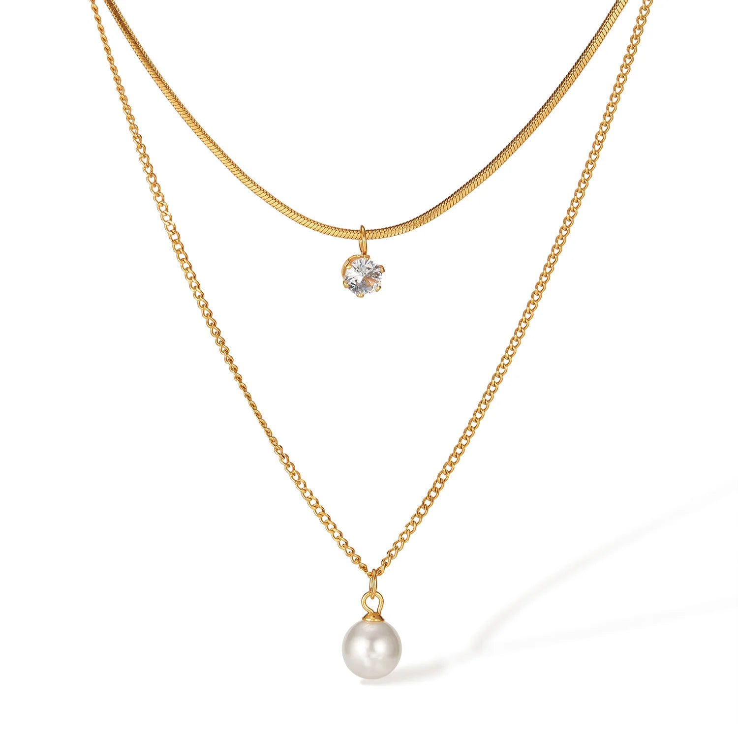 QUSEDINY Double-Layer Stainless Steel Link Chain Necklace Trendy Collarbone Pearl Zircon Pendant Ball Shape Beads for Commuting
