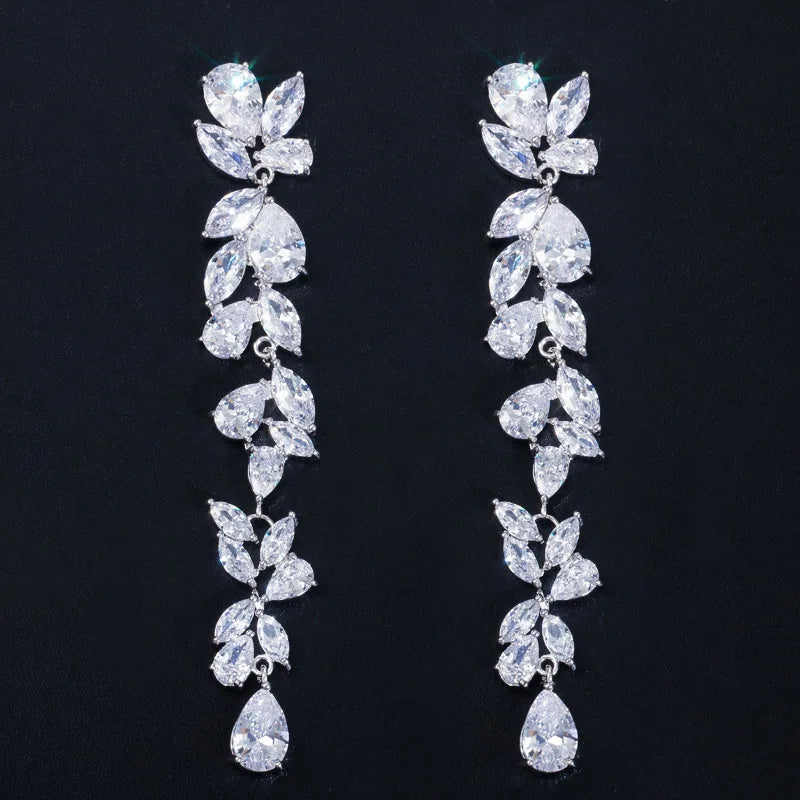 Luxury White Cubic Zirconia Gorgeous Leaf Flower Long Dangling Drop Earrings for Women Bridal Wedding Jewelry Accessories Gift
