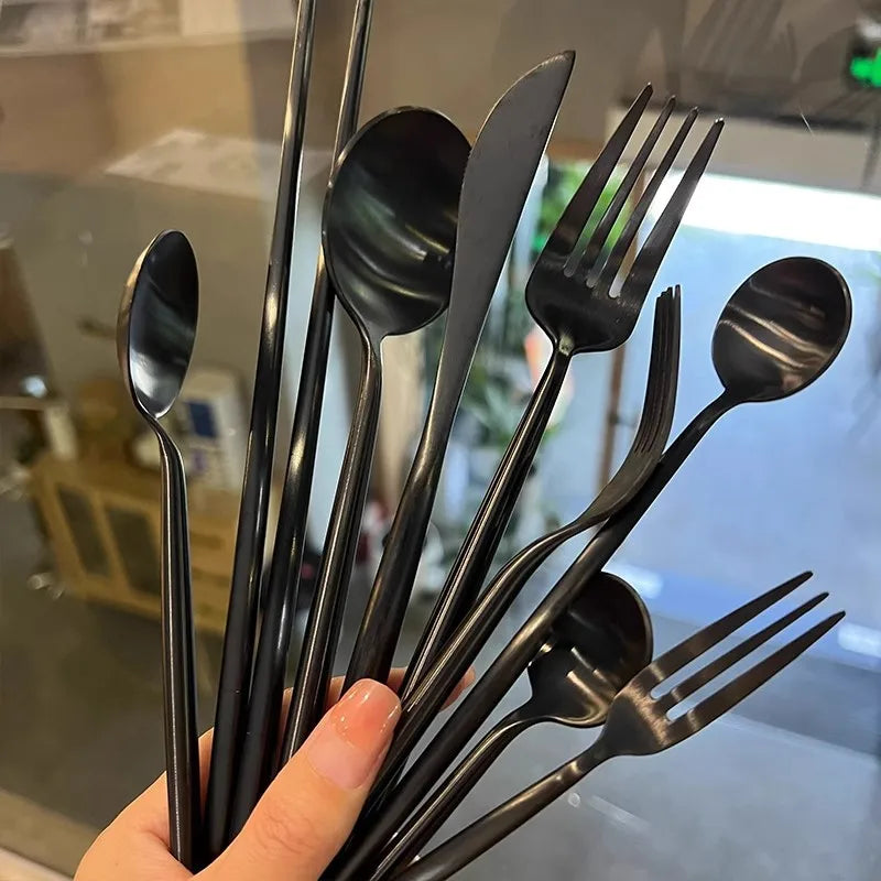 Nordic 304 Stainless Steel Flatware Set Matte Black Portuguese Style Steak Knife Fork Spoon for Parties and Weddings